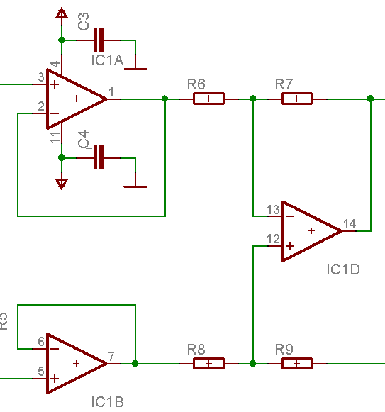 Differenzverstärker mit vorgeschalteten Spannungsfolgern IC1A und IC1B