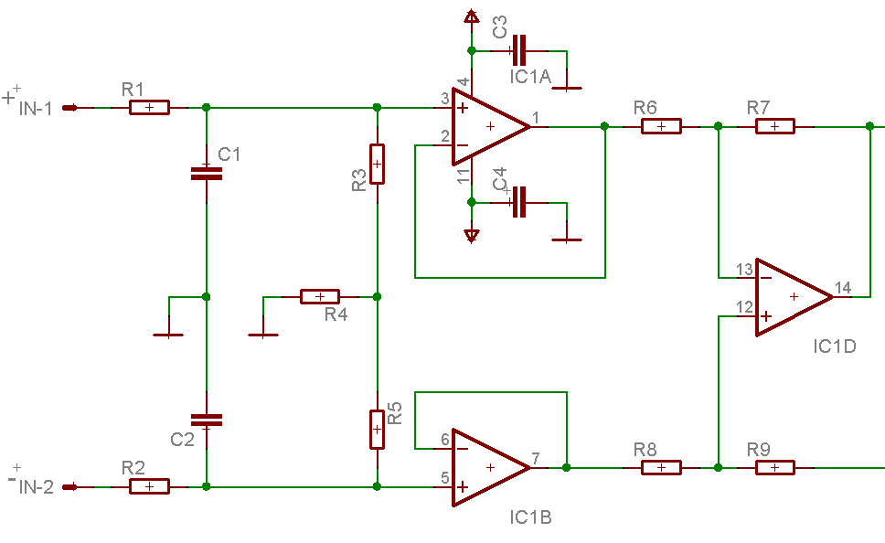 Eingangsstufe mit Tiefpass aus R1, R2, C1, C2 und Bias-Widerständen R3, R4, R5 vor den Spannungsfolgern