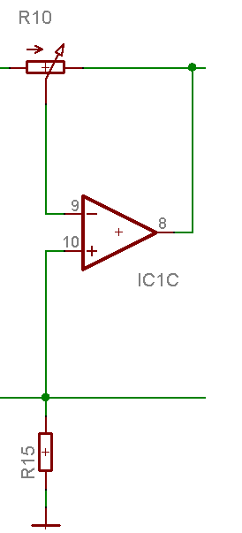 Lautstärkeregelung mit Poti R10 im Rückkopplungszweig von IC1C und R15