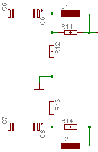 Ausgangszweige mit antiseriellen Elkos C5 bis C8, Widerständen R11 bis R14 und Spulen L1, L2